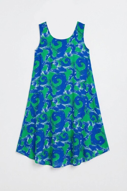 Cam Göbeği U Yaka Kolsuz Asimetrik Kesim Midi Boy Elbise