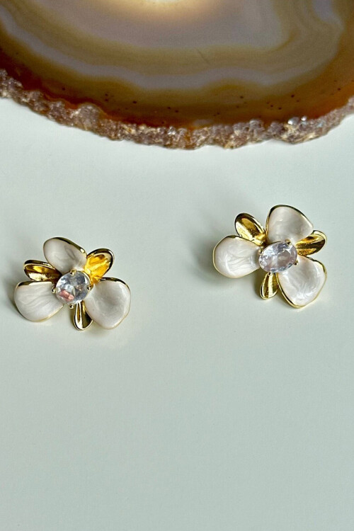 Çelik Çiçek Küpe Küpe Yaz Küpesi Ekru Taşlı Küpe BCYJ-251056