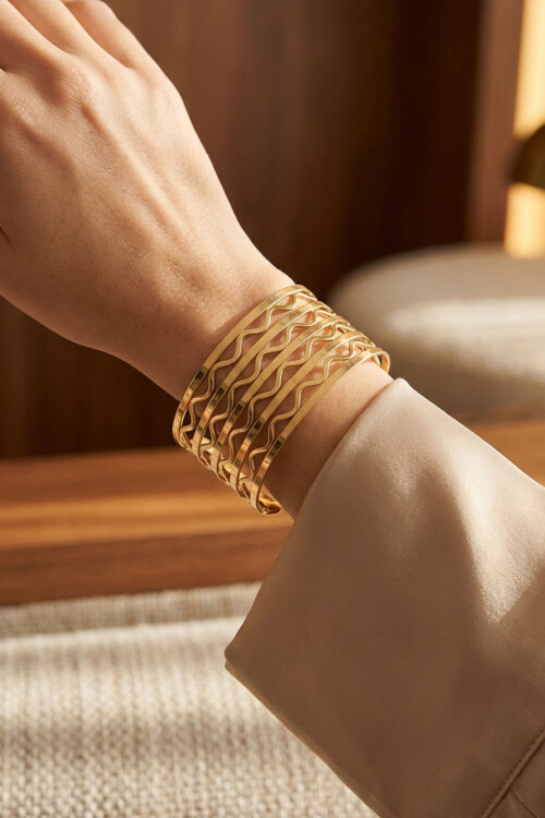 Çelik Kalın Kelepçe Bilezik Kadın Bileklik Unisex Gold Kadın Kelepçe BCYJ-251041