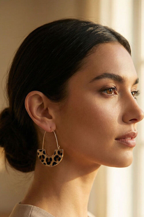 Çelik Leopar Desenli Süet Sallantılı Kadın Küpe BCYJ-251030