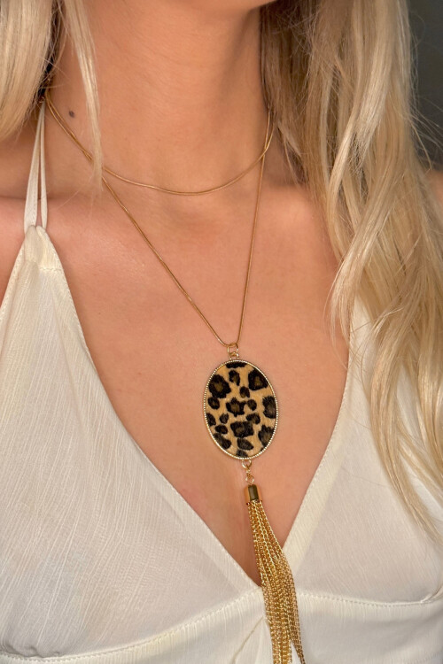 Çelik Süet Leopar Desenli Uzun Kolye Kadın Kolye BCYJ-251026