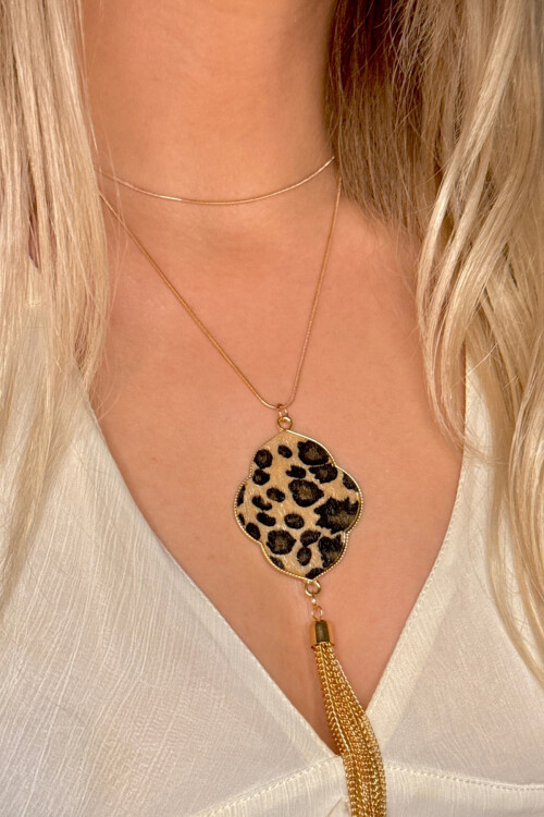 Çelik Süet Leopar Desenli Uzun Kolye Kadın Kolye BCYJ-251026
