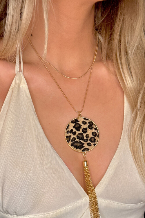 Çelik Süet Leopar Desenli Uzun Kolye Kadın Kolye BCYJ-251026