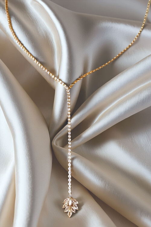 Çelik Zirkon Taşlı Su Yolu Y Kadın Kolye Gold 14K Renk BCYJ-251020