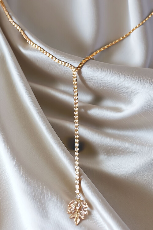 Çelik Zirkon Taşlı Su Yolu Y Kadın Kolye Gold 14K Renk BCYJ-251020