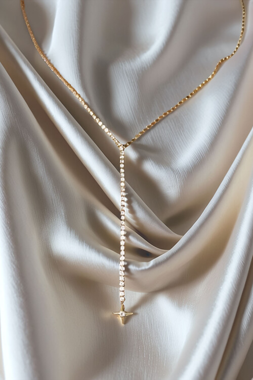 Çelik Zirkon Taşlı Su Yolu Y Kadın Kolye Gold 14K Renk BCYJ-251020