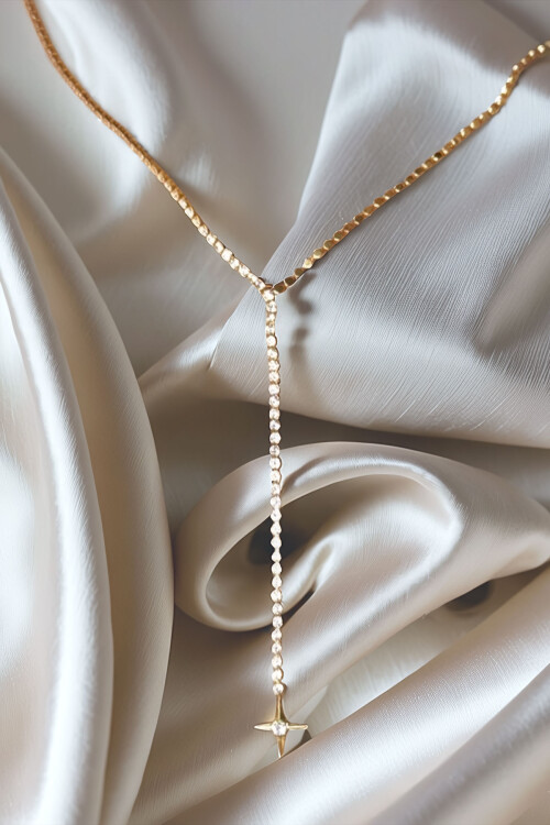 Çelik Zirkon Taşlı Su Yolu Y Kadın Kolye Gold 14K Renk BCYJ-251020