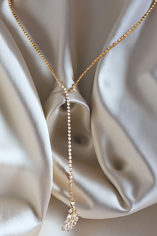 Çelik Zirkon Taşlı Su Yolu Y Kadın Kolye Gold 14K Renk BCYJ-251020