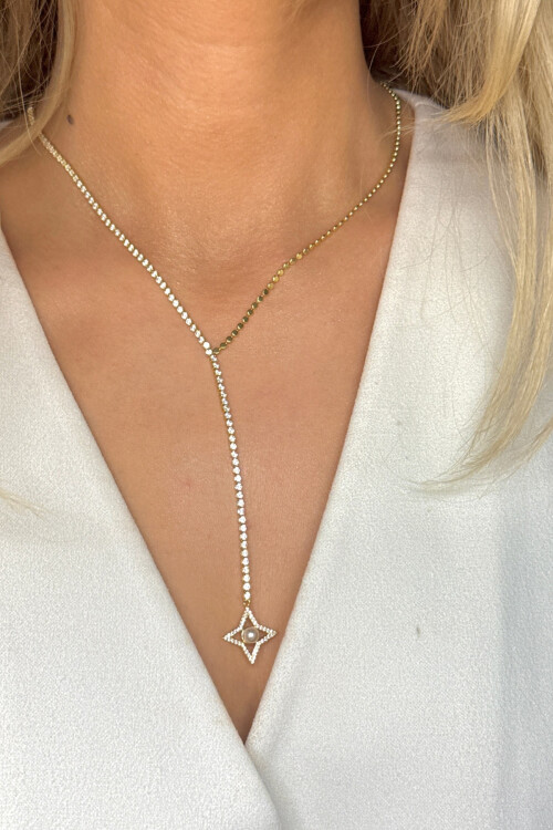 Çelik Zirkon Taşlı Su Yolu Y Kadın Kolye Gold 14K Renk BCYJ-251020