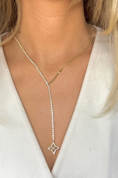 Çelik Zirkon Taşlı Su Yolu Y Kadın Kolye Gold 14K Renk BCYJ-251020