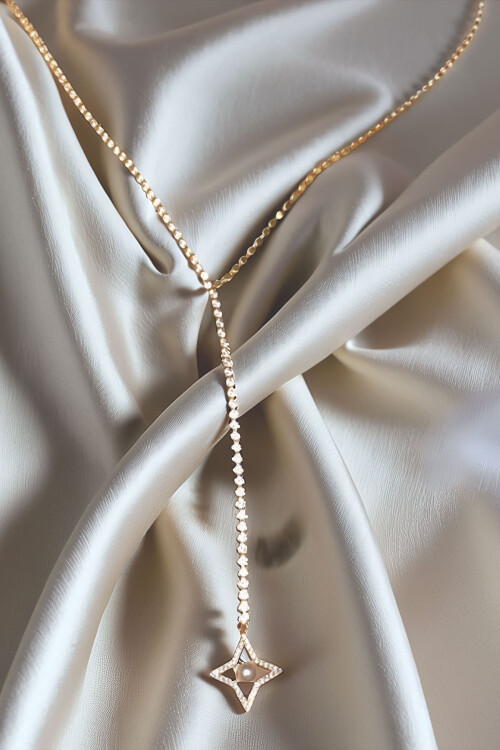 Çelik Zirkon Taşlı Su Yolu Y Kadın Kolye Gümüş Renk BCYJ-251019