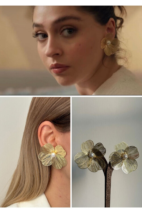 Çiçek Lüx Inci Peri Küpe Tel Küpe Taşlı Kadın Küpe Gold Leyla Küpe BCYJ-251034