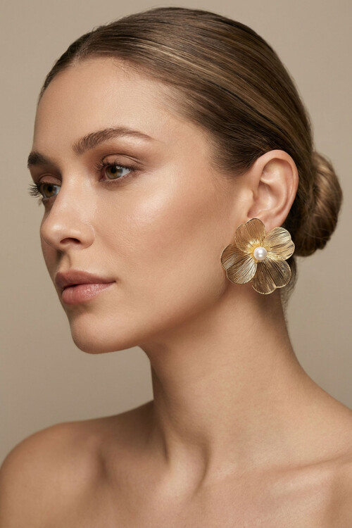 Çiçek Lüx Inci Peri Küpe Tel Küpe Taşlı Kadın Küpe Gold Leyla Küpe BCYJ-251034