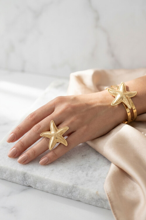 Deniz Yıldızı Çelik Kalın Kelepçe Ve Yüzük Seti,Pazu Kelepçe Olarak Da Kullanılabilir BCYJ-251041