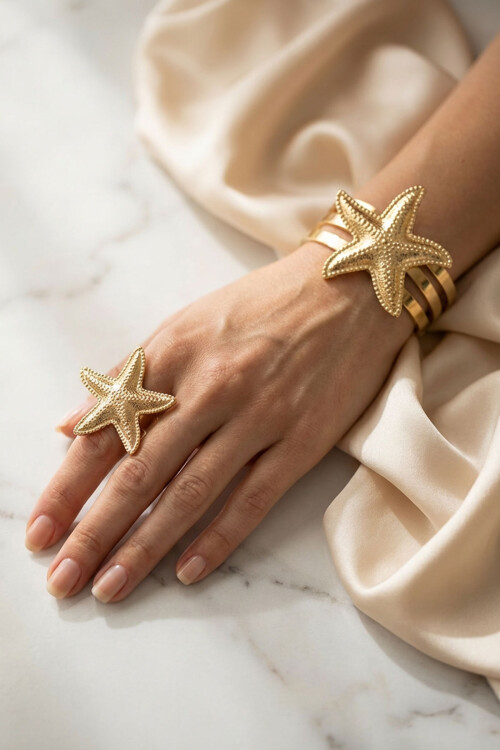 Deniz Yıldızı Çelik Kalın Kelepçe Ve Yüzük Seti,Pazu Kelepçe Olarak Da Kullanılabilir BCYJ-251041