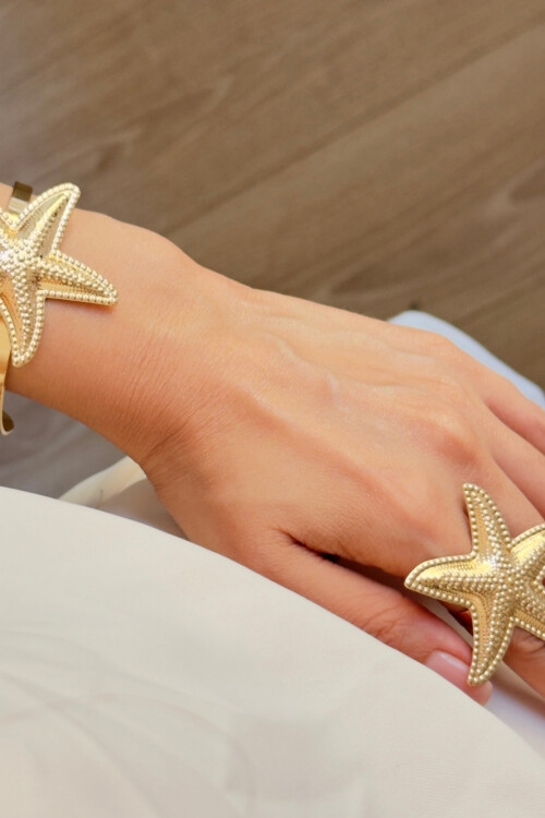 Deniz Yıldızı Çelik Kalın Kelepçe Ve Yüzük Seti,Pazu Kelepçe Olarak Da Kullanılabilir BCYJ-251041