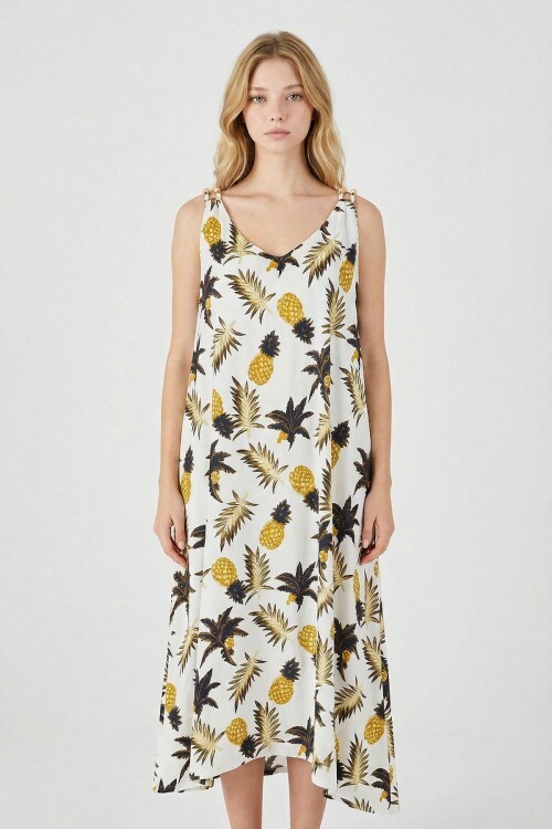 Ekru Askılı Boncuk Detaylı Çift Cepli Desenli Salaş Elbise