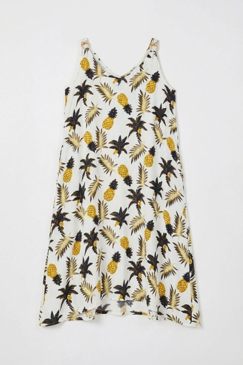 Ekru Askılı Boncuk Detaylı Çift Cepli Desenli Salaş Elbise