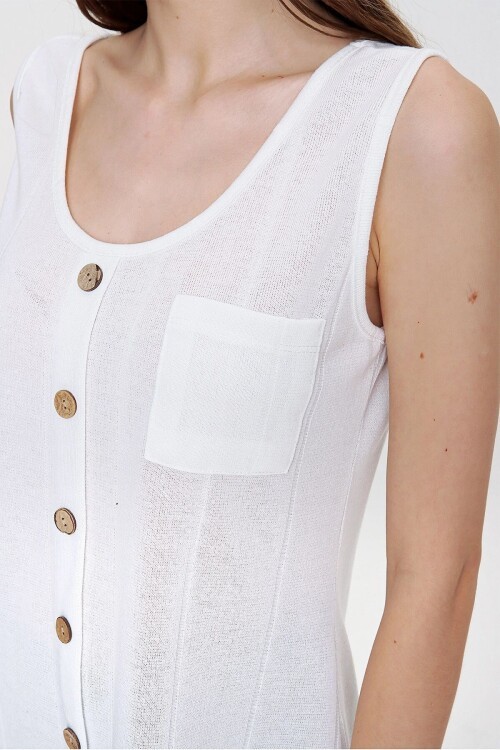 Ekru Askılı Düğmeli İnce Örme Triko Bluz