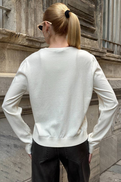 Ekru Bisiklet Yaka Düğmeli Triko Hırka BCHZCK-251267