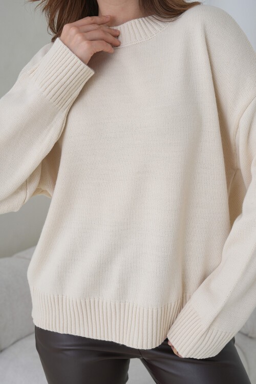 Ekru Bisiklet Yaka Oversize Triko Kazak BCHPK-251238