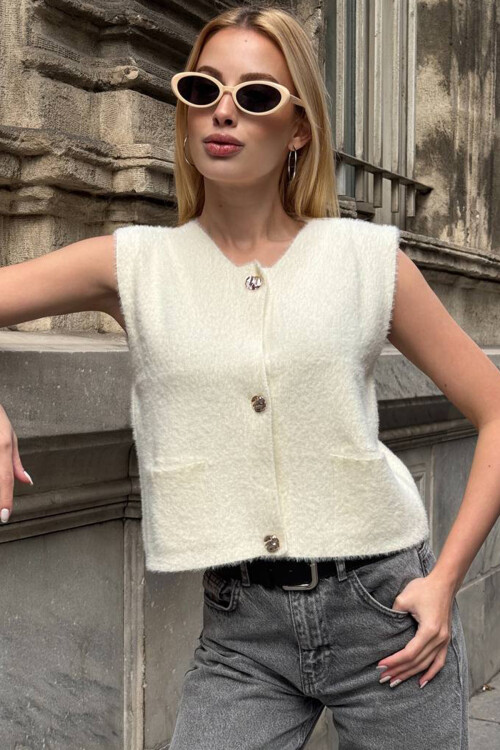 Ekru Çift Cepli Gold Düğmeli Yumoş Yelek Bluz BCHZCK-251262