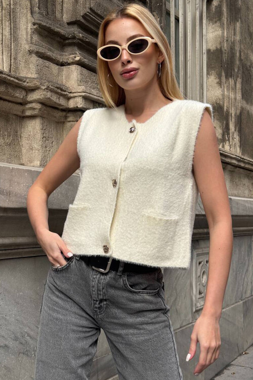 Ekru Çift Cepli Gold Düğmeli Yumoş Yelek Bluz BCHZCK-251262