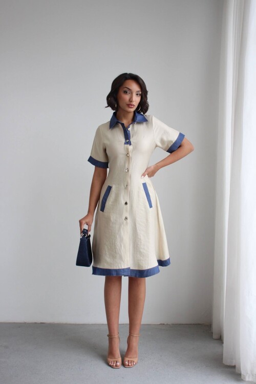 Ekru Denim Garnili Düğmeli Tensel Dokuma Elbise BCHN-2526114