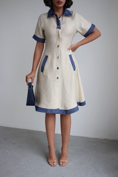 Ekru Denim Garnili Düğmeli Tensel Dokuma Elbise BCHN-2526114