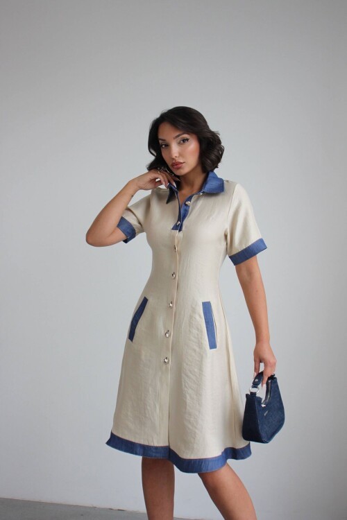 Ekru Denim Garnili Düğmeli Tensel Dokuma Elbise BCHN-2526114