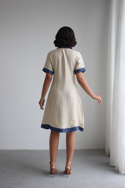 Ekru Denim Garnili Düğmeli Tensel Dokuma Elbise BCHN-2526114