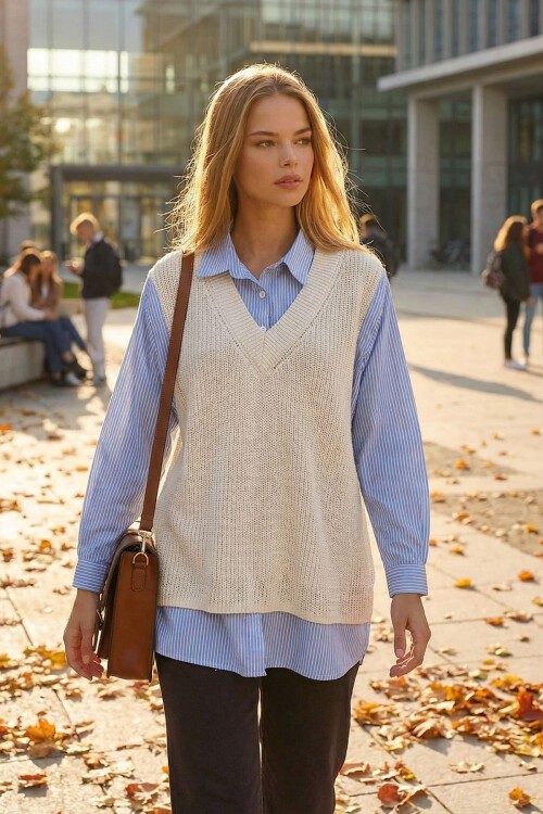 Ekru Gömlek Detaylı V Yaka Triko Süveter Bluz BCHPK-251251