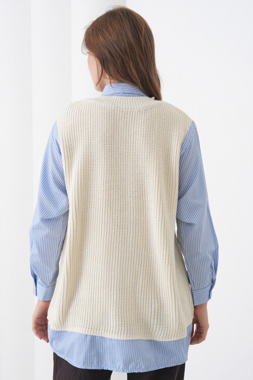 Ekru Gömlek Detaylı V Yaka Triko Süveter Bluz BCHPK-251251