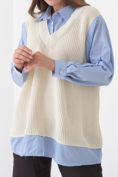 Ekru Gömlek Detaylı V Yaka Triko Süveter Bluz BCHPK-251251