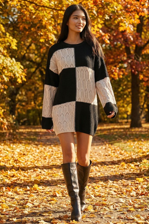 Ekru Siyah Bisiklet Yaka Desenli Mini Triko Elbise BCHPK-251244