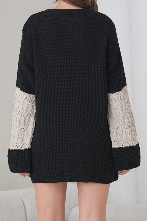 Ekru Siyah Bisiklet Yaka Desenli Mini Triko Elbise BCHPK-251244