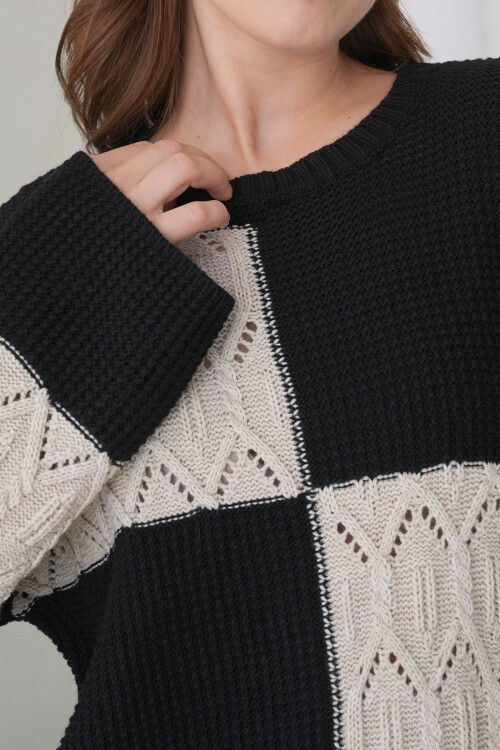 Ekru Siyah Bisiklet Yaka Desenli Mini Triko Elbise BCHPK-251244