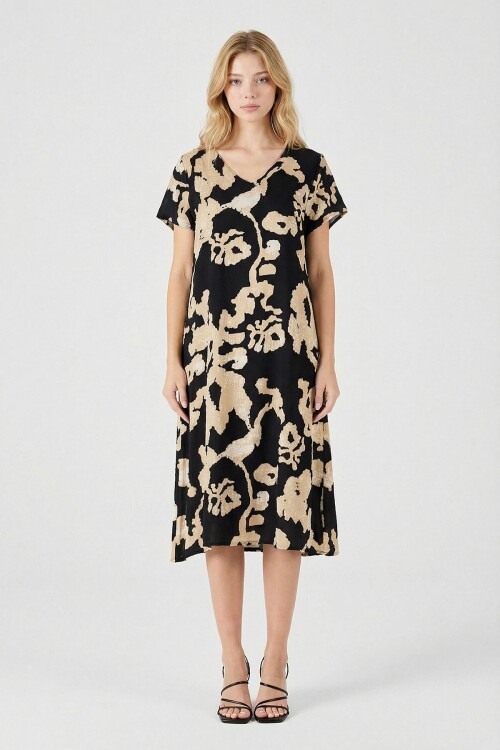 Ekru-Siyah Derin V Yaka Yırtmaçlı Desenli Midi Boy Elbise