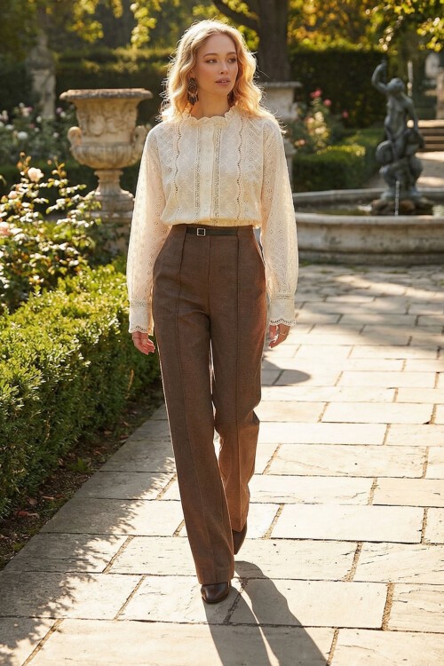 Ekru Yakası Fırfırlı Nakış İşlemeli Fisto Gömlek BCHESQ-251065