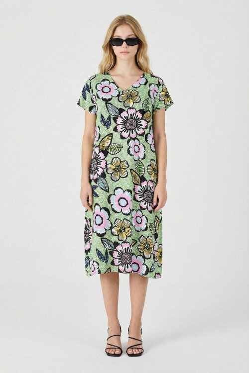 Fıstık Yeşili Derin V Yaka Çiçek Desenli Midi Boy Elbise