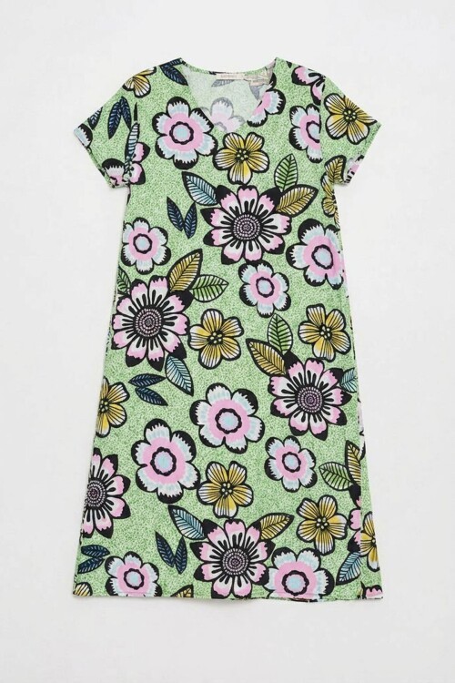 Fıstık Yeşili Derin V Yaka Çiçek Desenli Midi Boy Elbise