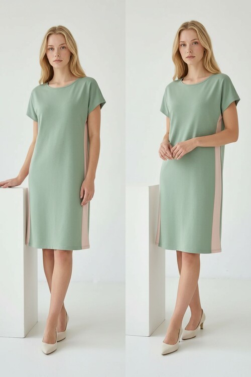 Fıstık Yeşili Yanları Beyaz Şeritli Modal Kumaş Elbise