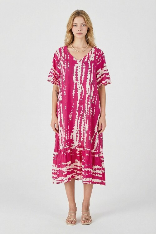 Fuşya Batik Desenli V Yaka Eteği Volanlı Oversize Elbise