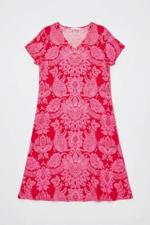 Fuşya Desenli V Yaka Kısa Kollu Midi Boy Elbise