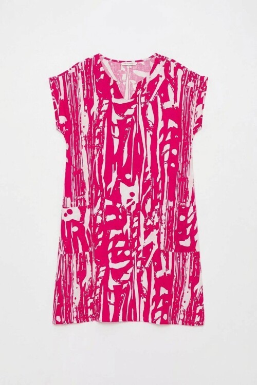 Fuşya Desenli V Yaka Yarasa Kol Oversize Midi Elbise