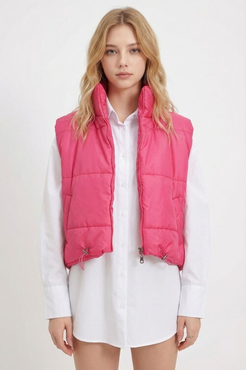 Fuşya Dik Yaka Çift Cepli Full Dolum Beli Ayarlanabilir Şişme Yelek