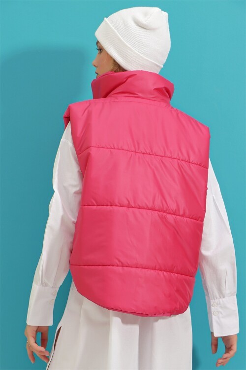 Fuşya Dik Yaka Çift Cepli Full Dolum Beli Ayarlanabilir Şişme Yelek