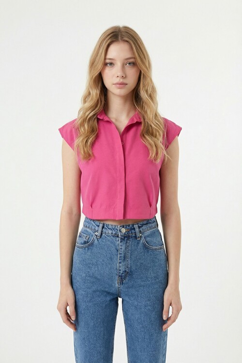 Fuşya Kolsuz Yazlık Poplin Dokuma Gömlek