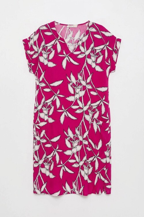 Fuşya Tropik Desenli V Yaka Oversize Midi Elbise