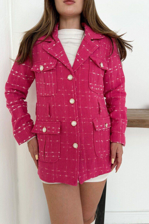 Fuşya Tüvit Kumaş Düğmeli Kemerli Dokuma Ceket BCHN-254001